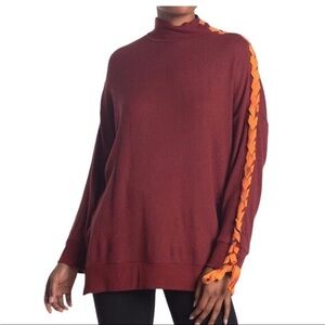 FREE PEOPLE Red Orange Lace-Up Sleeve Thermal Waffle Knit Sweater Tunic Top L